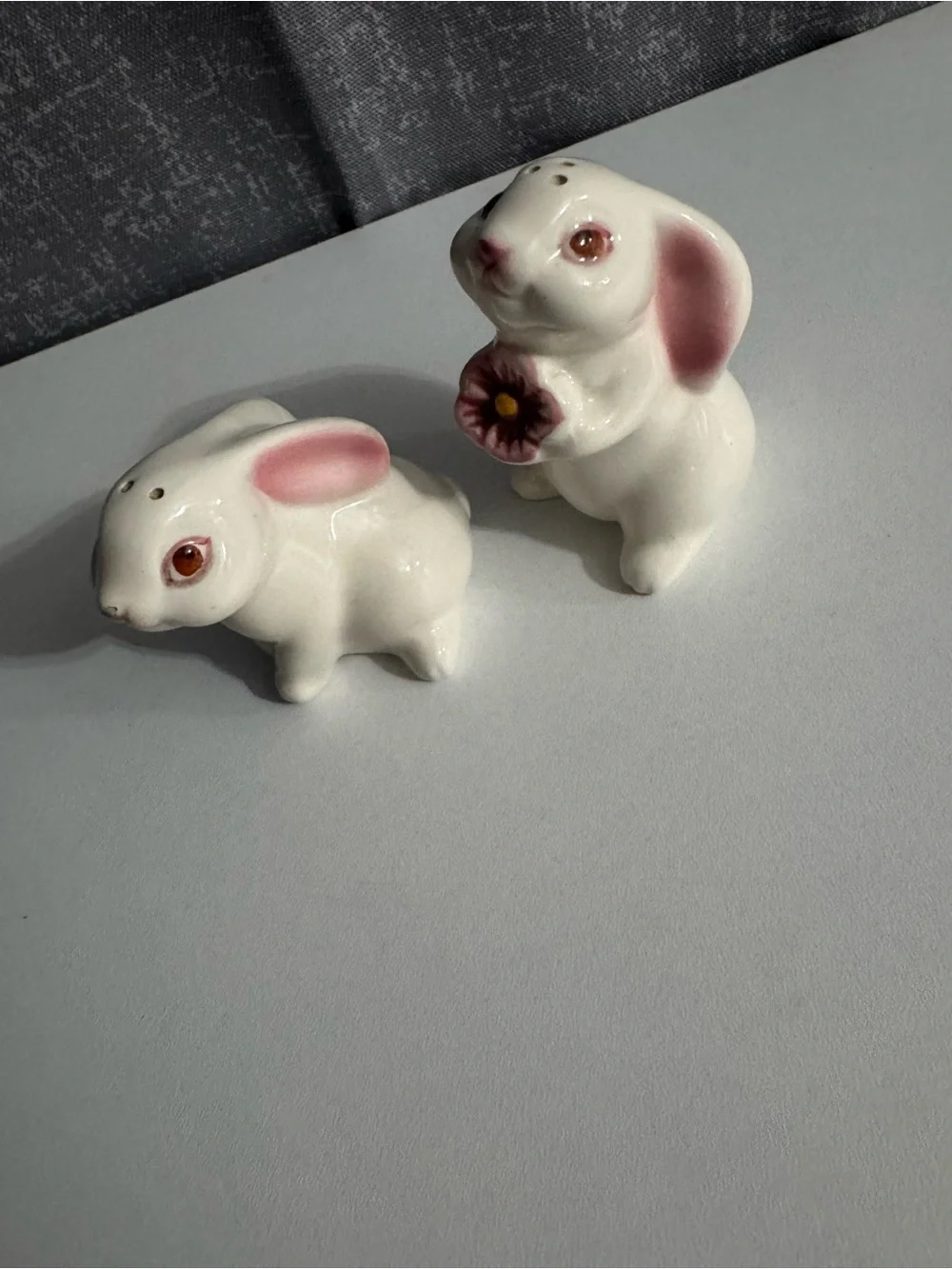Vintage Avon Ceramic Bunny salt and pepper set with Pink Accents